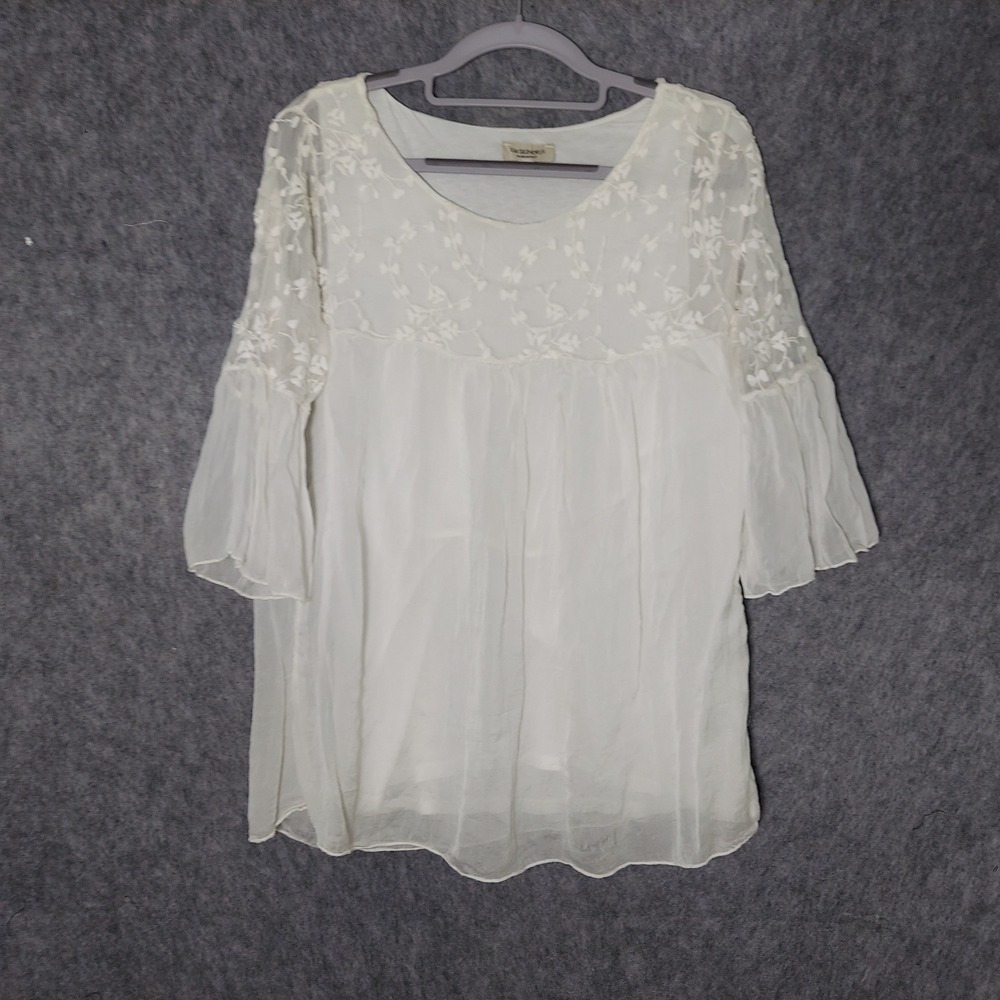 Via Signoria Women 100% Silk Blouse M Ivory Cottagecore Embroidered Bell Sleeve